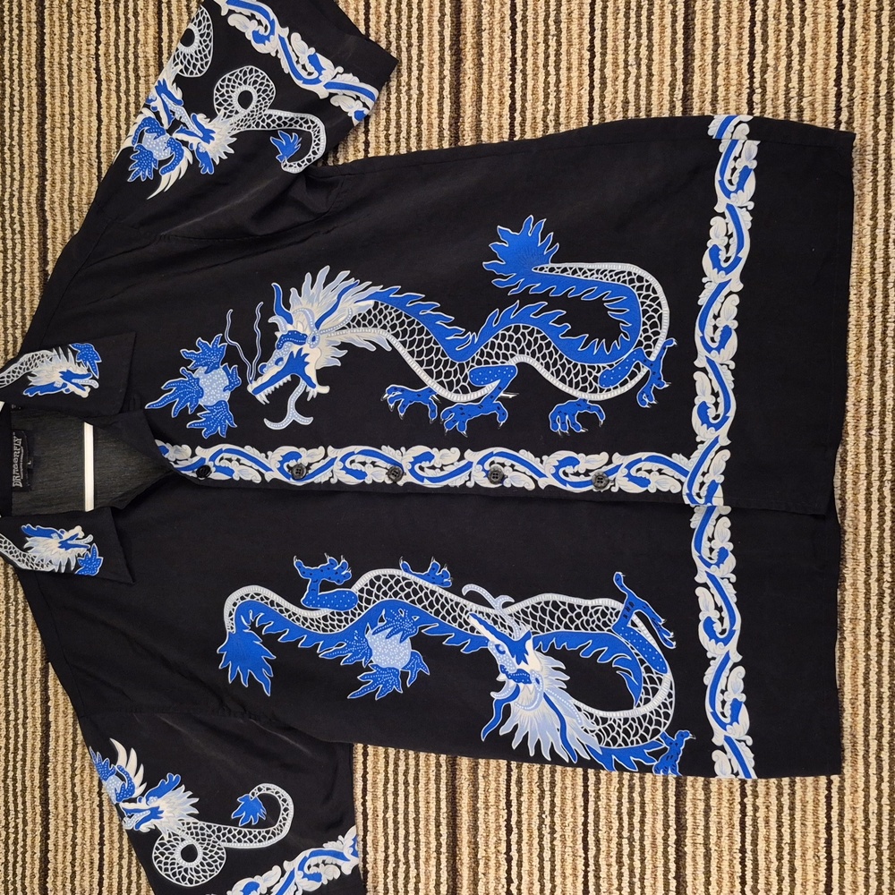 DRAGONFLY Black Blue Silver Dragons Pattern Poly‎ Mens Short Sleeve Shirt Sz L